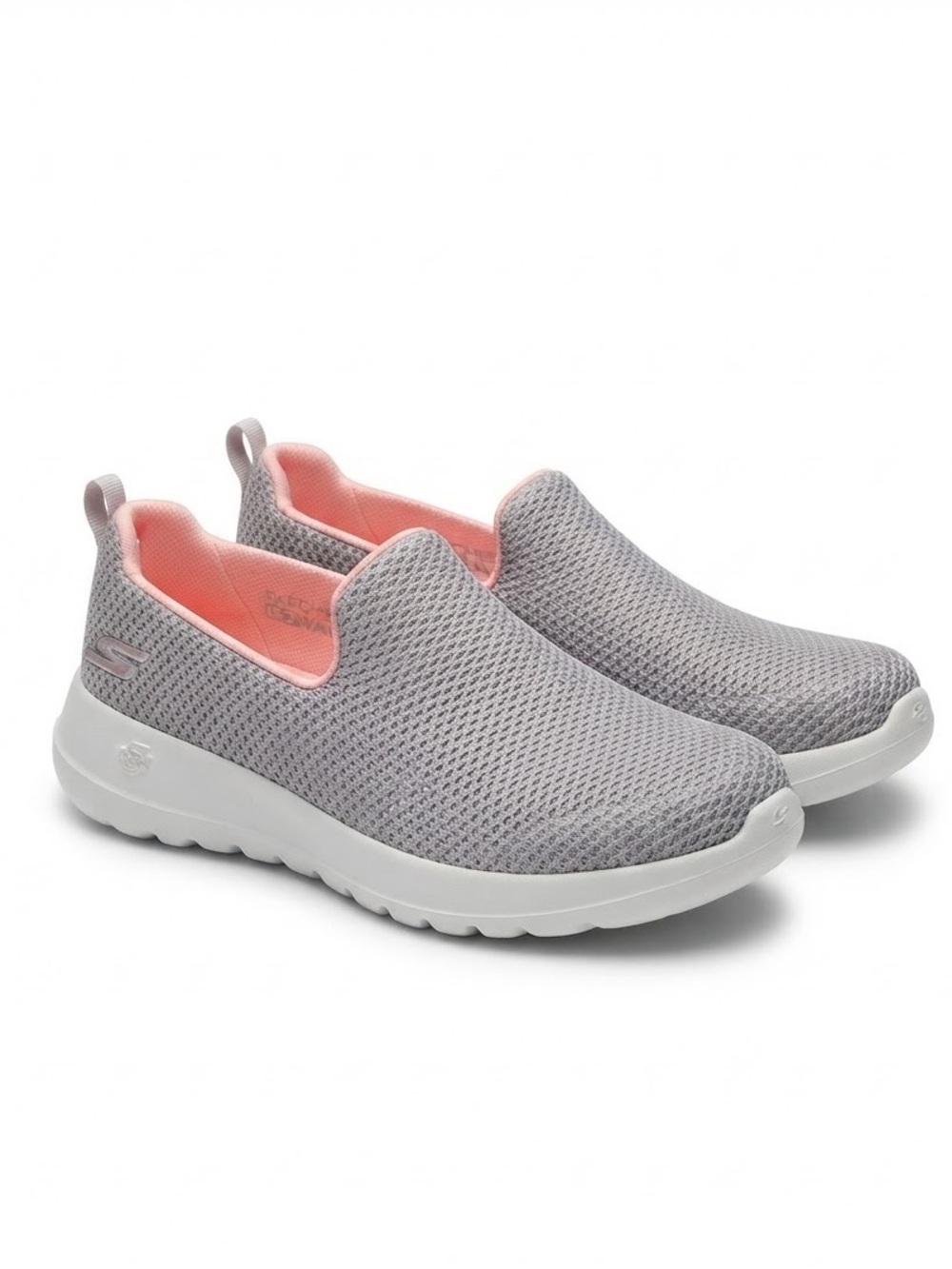 Skechers “Go Walk Joy” Performance Slip-On Mesh Sneakers in Light Gray w/ Pink
